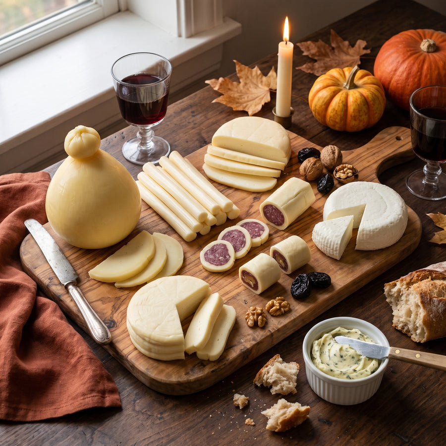 ZakFarm Thanksgiving Cheese Board: suluguni, caciocavallo, Adyghe and chechil cheeses, cheese rolls and garlic herb butter on a holiday table