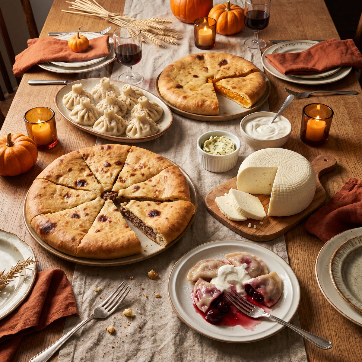 ZakFarm Thanksgiving Table box: Ossetian beef and pumpkin pies, beef and lamb khinkali, Ossetian cheese, sour cream and cherry vareniki on a holiday table