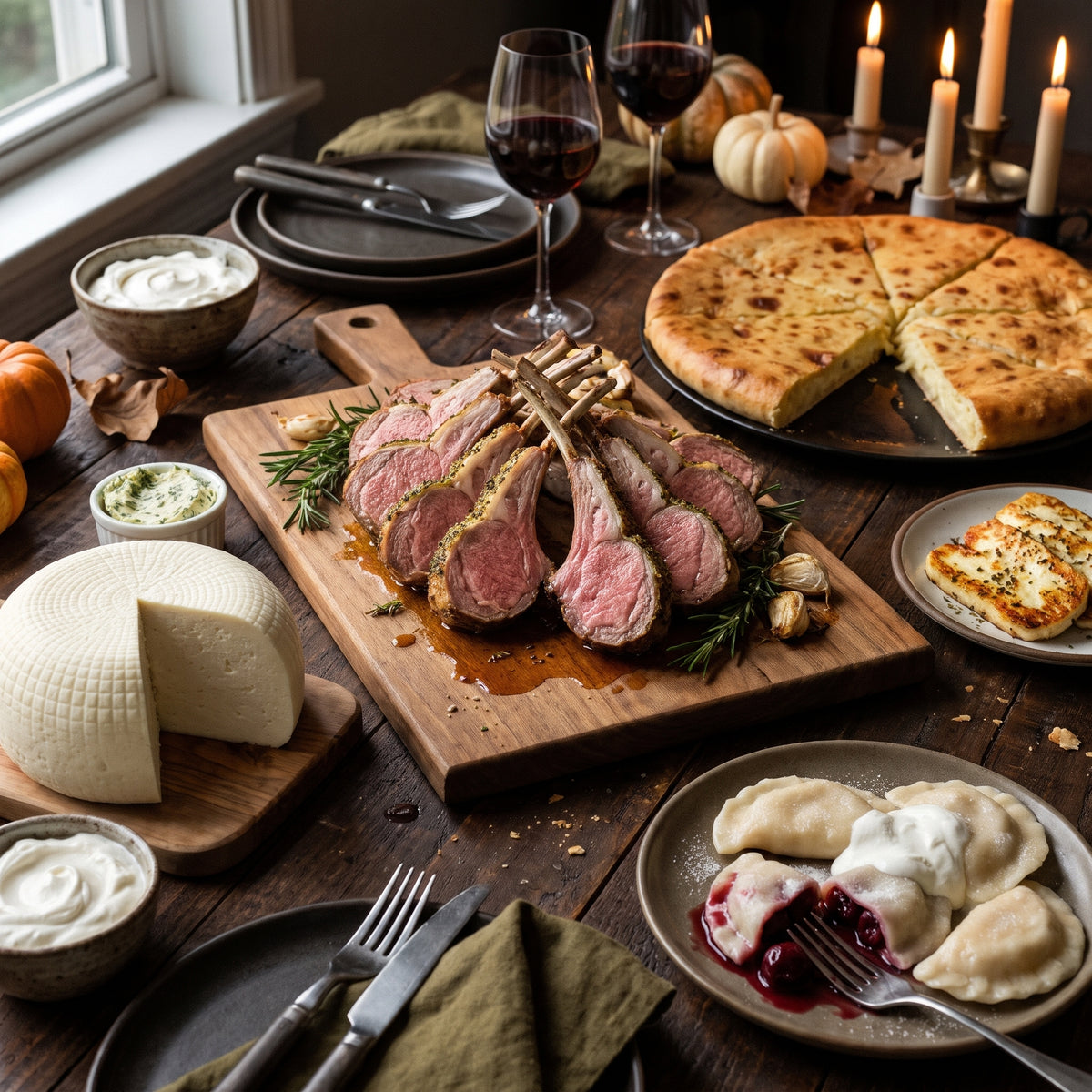 ZakFarm Lamb Feast box: grass-fed rack of lamb, Ossetian potato and cheese pie, Ossetian cheese, fried halloumi and cherry vareniki on a holiday table